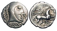 CELTIC BRITAIN, Iceni. Queen Boudicca, 61 AD. AR Unit (1.20 gm). Celticized head / Celticized horse. vArd.794-1. Toned VF. [Est. $450]