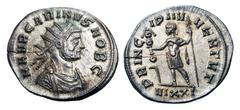 CARINUS, 283-285 AD. Silvered Æ Antoninianus (3.81 gm) as Caesar of Ticinum Radiate and cuirassed bust / Prince standing, holding spear and ensign. RIC.177. Toned XF, closed flan crack. Note: RIC says