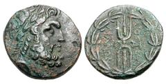 LYDIA, Tralles. II-I Century BC. Æ17 (4.80 gm). Laureate head of Zeus / Winged thunderbolt in wreath. SNG.Kayhan.1010. aXF, dark green patina.