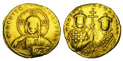 BYZANTINE EMPIRE. Basil II, 976-1025 AD. Gold Tetarteron Nomisma (4.20 gm) of Constantinople. Bust of Christ facing / Basil and Constantine standing facing, holding long cross. S.1806. Fine+ Scarce.