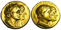 PTOLEMAIC KINGDOM. Ptolemy II, 283-246 BC. Gold Octodrachm [Mnaieion] (27.65 gm), after 273. Jugate busts of Ptolemy II and Arsinöe II / Jugate busts of Ptolemy I and Berenice I. Svorn.603. VF. Rare. 