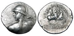 BAKTRIAN KINGDOM. Eukratides, 170-145 BC. AR Tetradrachm (15.45 gm). Helmeted heroic bust wielding spear / The Dioscuri riding holding palms. SNG.ANS.485. Toned VF+. Rare.