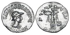 BAKTRIAN KINGDOM. Menander I, 165-130 BC. AR Drachm (2.44 gm). Helmeted bust right / Athena standing, holding spear and shield. Bop.16I. aXF