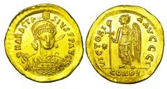 BYZANTINE EMPIRE. Anastasios I, 491-518 AD. Gold Solidus (4.47 gm) of Constantinople. Helmeted bust 3/4 facing right / Angel standing left holding cross. S.5. Off. G. Mint. Scarce.