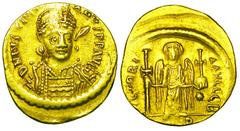 BYZANTINE EMPIRE. Justinian I, 527-565 AD. Gold Solidus (4.45 gm) of Constantinople. Armoured bust with spear, 3/4 facing right / Angel standing facing with long cross and orb. S.137. VF