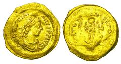 BYZANTINE EMPIRE. Justinian I, 527-565 AD. Gold Tremissis (1.45 gm) of Constantinople. Diademed bust right / Victory standing. S.145. Near Mint, worn dies,