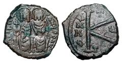 BYZANTINE EMPIRE. Justin II, 565-578 AD. Æ Half Follis (5.52 gm) of Thessaloniki, year 6. Justin and Sophia enthroned / Large K. S.366. VF+, brown patina. ex. Khristnov collection.