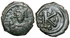 BYZANTINE EMPIRE. Heraclius, 610-641 AD. Æ Half Follis (5.73 gm) of Constantinople, yr. 2. Crowned bust facing with orb / Large K. S.813. Off. B. Crude VF, dark green patina.