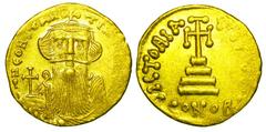 BYZANTINE EMPIRE. Constans II, 641-668 AD. Gold Solidus (4.46 gm) of Constantinople. Facing bust with long beard / Cross on three steps. S.957. Near Mint, usual weak spots. Scarce..