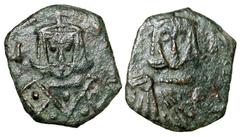 BYZANTINE EMPIRE. Nicephorus I, 802-811 AD. Æ Follis (2.35 gm) of Syracuse. Bust of Nicehorus / Facing bust of Stauracius. S.1612. VF+, olive brown patina.