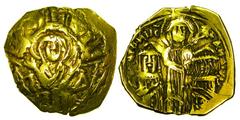 BYZANTINE EMPIRE. Andronikos II & Andronikos III, 1325-1334 AD. Gold Hyperpyron (2.75 gm) of Constantinople. The Virgin Mary within the citadel walls, sigla: fleur [globus above in towers]-A / Christ 