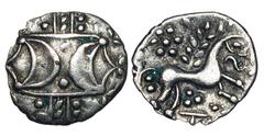 CELTIC BRITAIN, Iceni. “Anted”, 10-40 AD. AR Unit (1.00 gm). Double crescent emblem / Celticized horse. S.441. VA.711. Toned VF+. [Est. $325]
