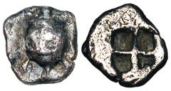 ISLANDS OFF ATTICA, Aigina. 510-480 BC. AR Obol (0.97 gm). Sea turtle with heavy collar/ Quadripatite incuse square. SNG.Cop.514. Milbank.pl.I,7&8. Toned VF. Very Rare issue with Quadripartite incuse 