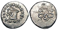 LYDIA, Tralles. 133-!26BC. AR Cistophoric Tetradrachm (12.59 gm). Cysta Mystica / Two serpents coiled around bow-case, dionysos standing. BMC.44. Toned aXF. [Est. $400]