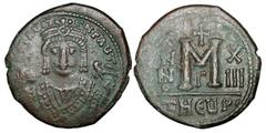 BYZANTINE EMPIRE. Maurice Tiberius, 582-602 AD. Æ Follis (11.93 gm) of Theoupolis (Antioch), yr. 13, off. [Gamma]. Crowned facing bust / Large M. S.533. VF+, brown patina. [Est. $200]