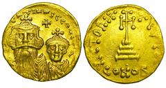BYZANTINE EMPIRE. Constans II, 641-668 AD. Gold Solidus (4.32 gm) of Constantinople, off I. Facing crowned busts of emperor & son / Cross. S.959. XF, usual weak spots [Est. $850]