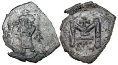 BYZANTINE EMPIRE. Constans II, 641-668 AD. Æ Follis (4.10 gm) of Syracuse. Emperor standing / Large M. S.1108. VF+, green black patina. Scarce. [Est. $175]