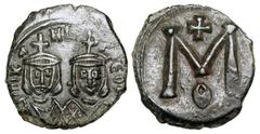 BYZANTINE EMPIRE. Michael II, 820-829 AD. Æ Follis (3.93 gm) of Syracuse. Facing crowned busts of Michael & Theophilos / Large M. S.1652. aXF, brown black patina. Scarce. [Est. $250]