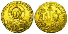 BYZANTINE EMPIRE. Constantine VII, 913-959 AD. Gold Solidus (4.37 gm) of Constantinople. Facing bust of Christ / Busts of emperor & Romanos II. S.1751. VF+. [Est. $950]