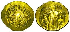 BYZANTINE EMPIRE. Andronikos II and Michael IX, 1295-1320 AD. Gold Hyperpyron (4.13 gm) of Constantinople. Bust of the Virgin in city walls / Christ and two emperors standing. S.2396. VF+. [Est. $450]