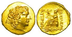 KINGDOM of THRACE. Lysimachos, 323-281 BC. Gold Stater (8.27 gm) of Istros struck by Mithradates VI, 89-72 BC. Diademed head of Alexander with horn of Ammon, features of Ariarathes / Athena enthroned 