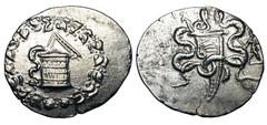 LYDIA, Tralles. 155-145 BC. AR Cistophoric Tetradrachm (12.52 gm). Cysta Mystica / Two serpents coiled around bow-case, warrior walking. K&N.40a. Toned XF. Scarce. [Est. $450]