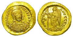 BYZANTINE EMPIRE. Anastasios I, 491-518 AD. Gold Solidus (4.45 gm) of Constantinople. Helmeted bust 3/4 facing right / Angel standing left holding cross. S.5. Off. G. Mint. Scarce. [Est. $1750]