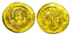 BYZANTINE EMPIRE. Justin I, 518-527 AD. Gold Tremissis (1.44 gm) of Constantinople. Diademed bust right / Victory advancing right. S.58. aXF, [Est. $500]