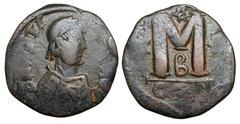 BYZANTINE EMPIRE. Justin I, 518-527 AD. Æ Follis (16.74 gm) of Constantinople, off. B. Diademed bust / Large M. S.62. aVF, dark brown patina. [Est. $175]