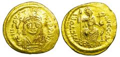BYZANTINE EMPIRE. Justin II, 565-578 AD. Gold Solidus (4.55 gm) of Constantinople. Helmeted, bearded bust facing / Constantiopolis enthroned. S.344. XF, ding in field [Est. $700]