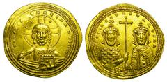 BYZANTINE EMPIRE. Basil II, 976-1025 AD. Gold Histamenon Nomisma (4.39 gm) of Constantinople. Bust of Christ facing / Cross between emperor & Constantine VIII. S.1800. XF+. Scarce. [Est. $2500]