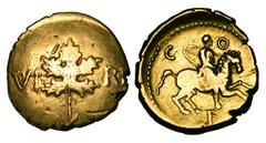 CELTIC BRITAIN. Atrebates Tribe. Verica, c. 10-40 AD. Gold Stater (5.29 gm). Vine leaf / Celtic horseman. S.121. M.125. VA.520-1. VF. Rare.