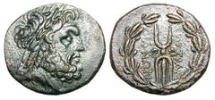 LYDIA, Tralles. II-I Century BC. Æ18 (6.49 gm). Laureate head of Zeus / Winged- thunderbolt within laurel-wreath. SNG.Kayhan.1010. XF, dark olive brown patina.