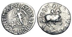 BAKTRIAN KINGDOM. Antimachos II Nikephoros, 174-165 BC. AR Drachm (2.33 gm). Nike standing with palm / King galloping. SNG.ANS.397. Toned VF.