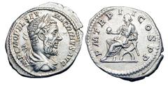 MACRINUS, 217-218 AD. AR Denarius (3.98 gm) of Antioch. Laureate, draped and cuirassed bust with long beard / Macrinus seated on curule chair, holding globus and short scepter. RIC.27(S). Toned XF. Sc
