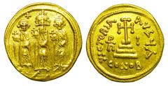 BYZANTINE EMPIRE. Heraclius, 610-641 AD. Gold Solidus (4.44 gm) of Constantinople. Indiction 10 (636/7), off A. Heraclius, Heraclius Constantine and Heraclonas standing, each holding orb / Cross poten