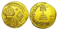 BYZANTINE EMPIRE. Constans II, 641-668 AD. Gold Solidus (4.38 gm) of Constantinople, off I. Facing crowned busts of emperor & son / Cross. S.959. Near Mint.