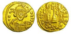 BYZANTINE EMPIRE. Constantine IV, 668-685 AD. Gold Solidus (4.25 gm) of Constantinople. Armoured bust with spear and shield / Heraclius and Tiberius standing, cross between. S.1155. aXF. Scarce.
