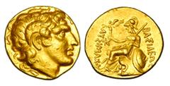 KINGDOM OF THRACE. Lysimachos, 323-281 BC. Gold Stater (8.44 gm) of Byzantium, 297-281 BC. Diademed head of Alexander wearing horn of Ammon / Athena enthroned holding Nike and leaning on shield. Mülle