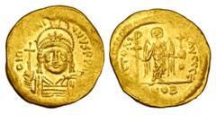 BYZANTINE EMPIRE. Justinian I, 527-565 AD. Gold Solidus (4.41 gm) of Constantinople. Crowned bust facing / Angel standing, facing. S.140. XF.