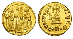 BYZANTINE EMPIRE. Heraklios, 610-641 AD. Gold Solidus (4.40 gm) of Constantinople. Emperor standing between both sons / Cross on three steps. S.769. XF.