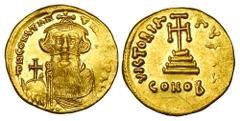 BYZANTINE EMPIRE. Constans II, 641-668 AD. Gold Solidus (4.49 gm) of Constantinople. Crowned & bearded bust facing / Large cross on three steps. S.956. XF, graffito on rev.