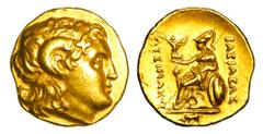 KINGDOM of THRACE. Lysimachos, 323-281 BC. Gold Stater (8.44 gm) of Macedonia 297-281 BC. Diademed head of Alexander with horn of Ammon / Athena enthroned holding Nike, shield leaning on throne, bulli