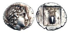 LYCIA, Lycian League, Rhodiapolis. 167-81 BC. AR Hemidrachm (2.41 gm). Laureate head of Apollo / Lyre in incuse square. Trox.40.1. Toned VF+. Scarce.