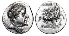 BAKTRIAN KINGDOM. Eukratides, 171-135 BC. AR Tetradrachm (15.51 gm). Diademed bust / Dioskouroi on horseback holding palm branches and spears. SNG.ANS.434. Toned XF.
