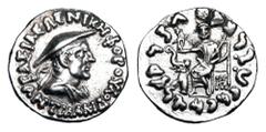 BAKTRIAN KINGDOM. Antialkidas, 115-95 BC. AR Drachm (2.48 gm). Draped bust wearing kausia / Zeus seated, holding Nike, elephant left. SNG.ANS.1078. XF.