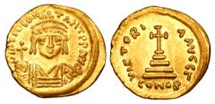 BYZANTINE EMPIRE. Tiberios II, Constantine, 578-582 AD. Gold Solidus (4.21 gm) of Constantinople. Crowned bust facing / Cross on four steps. S.422. XF. Scarce.