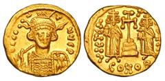 BYZANTINE EMPIRE. Constantine IV, 668-685 AD. Gold Solidus (4.30 gm) of Constantinople. Helmeted bust 3/4 facing right / Cross between Herakliois & Tiberios. S.1154. XF. Scarce.