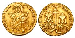 BYZANTINE EMPIRE. Basil I, 867-886 AD. Gold Solidus (4.35 gm) of Constantinople. Christ enthroned / Cross between crowned busts of Basil & Constantine. S.1704. VF. Scarce.