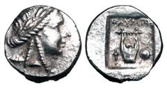 LYCIA. Lycian League, Phaselis. 167-88 BC. AR Hemidrachm (2.74 gm). Laureate head of Apollo / Lyre in shallow incuse square, sword behind shield and torch on either side. Troxell.51. Toned aXF.